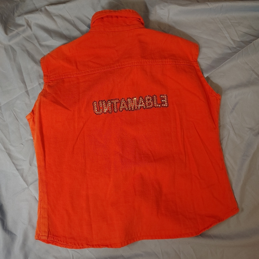 Orange Sleeveless Shirt with 'Untamable' Rhinestone Back Size Small
